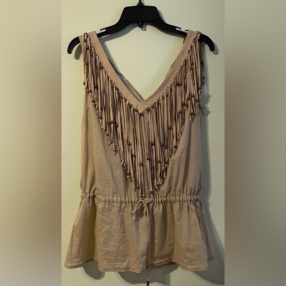 1990s Dolce & Gabbana Khaki / Brown Cotton and Suede Feathers Boho Fringe Top 40 - Picture 2 of 7